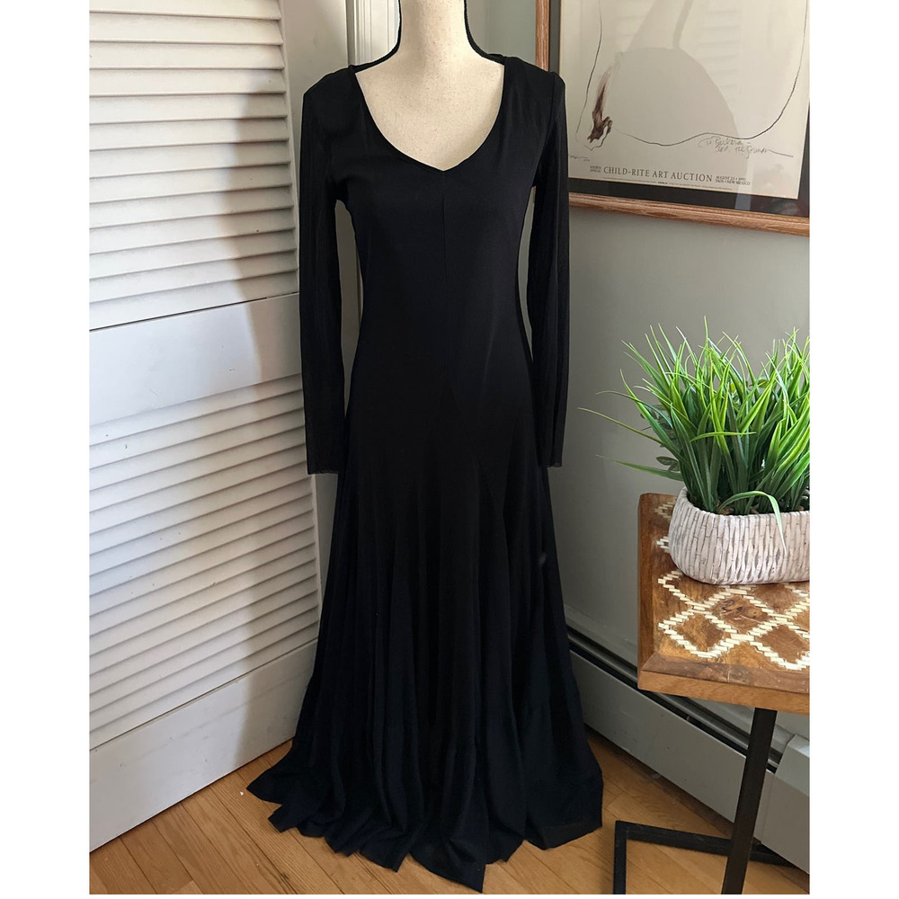 NEWPORT NEWS Womens Long Sheer Sleeve V-Neck Maxi Dress Flared Hem Goth | 8